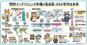 特許インテリジェンス市場の急成長とAI活用の進化を示す図解。市場規模は2025年15.2億ドルから2035年80.2億ドルへ拡大すると示され、背景として特許出願の増大、技術の複雑化、AI導入加速を挙げている。技術面では、セマンティック検索、生成AI、エージェンティックAIへと進化し、要約・クレーム起草、言語の壁の低減、24時間の侵害リスク監視を可能にすると説明。さらに、静的レポートをリアルタイム監視型の「ライブな戦略資産」へ変える考え方、競合予測、ホワイトスペース発見、日本市場や製薬・自動車・知財ファイナンスでの活用、機密保持やハルシネーションなどの課題、2035年の将来像をまとめている。