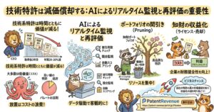 技術特許の価値は時間とともに低下するため、AIでリアルタイム監視し、再評価・選別・収益化する流れを示した図解。左側では、技術系特許は取得後3年目以降も年間20〜30％程度価値が下がり、多くは低価値のままコスト化しやすいこと、放置が無駄につながることを説明。中央では、被引用数チェック、競合監視、自動スコアリングによるAI再評価を紹介。右側では、低価値特許を間引いて高品質特許に資源を集中し、ライセンスや売却で知財をコストから利益源へ転換する考え方を示している。