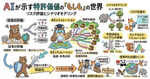 AIによる特許価値評価のシナリオモデリングを説明する図解。従来の評価は経験則に依存し、時間がかかり、想定できるシナリオも限られる一方、AIシミュレーションでは数万のシナリオを同時に検証し、競合参入や規制変更などの「もしも」を多角的に分析できると示している。市場トレンド、SNS、判決データを用いたハイブリッド評価、モンテカルロ・シミュレーションによる収益予測、法的強靭性や無効化リスクの定量化、ライセンス・売買による収益化までを一連の流れで整理している。