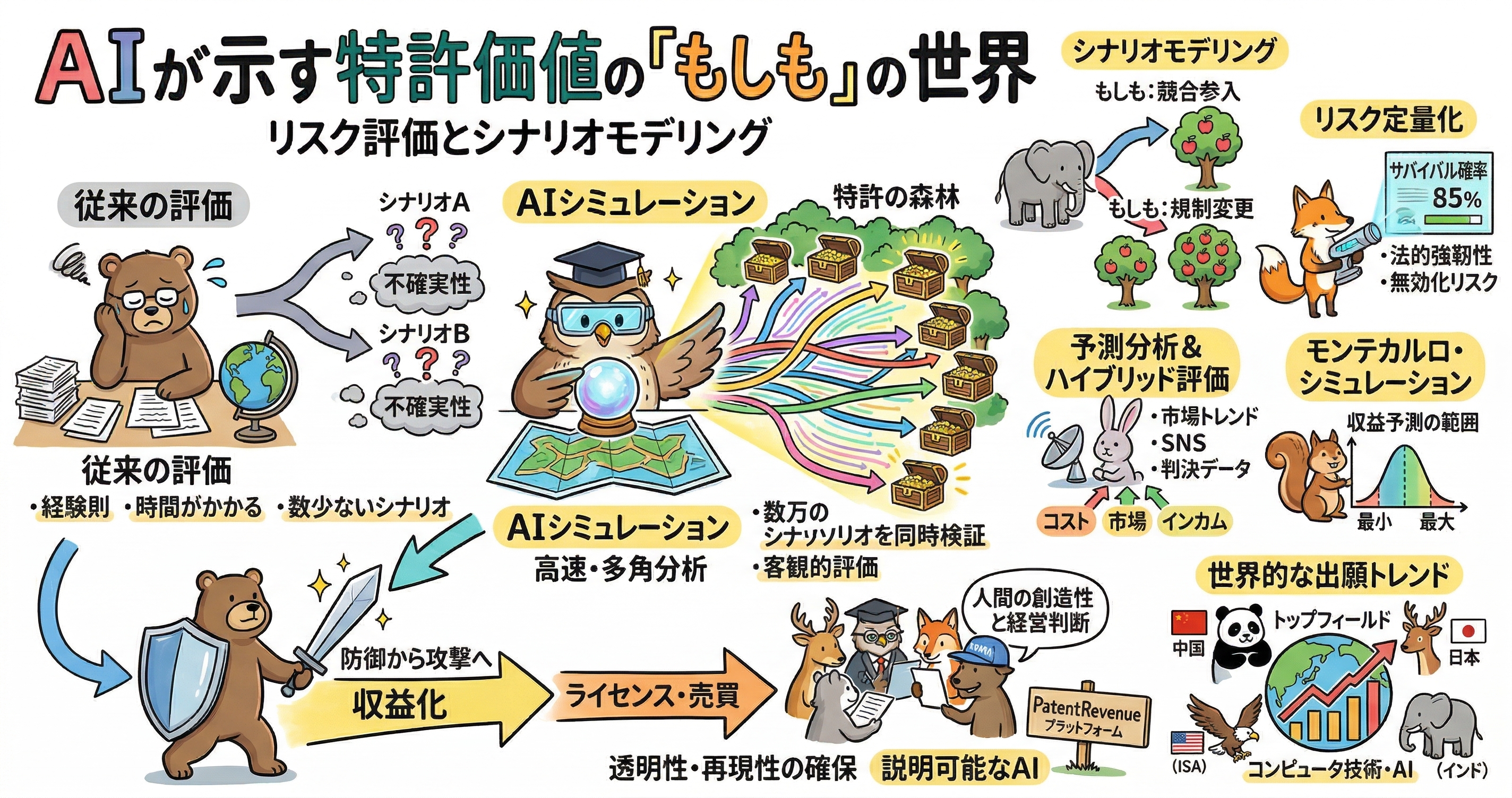 AIによる特許価値評価のシナリオモデリングを説明する図解。従来の評価は経験則に依存し、時間がかかり、想定できるシナリオも限られる一方、AIシミュレーションでは数万のシナリオを同時に検証し、競合参入や規制変更などの「もしも」を多角的に分析できると示している。市場トレンド、SNS、判決データを用いたハイブリッド評価、モンテカルロ・シミュレーションによる収益予測、法的強靭性や無効化リスクの定量化、ライセンス・売買による収益化までを一連の流れで整理している。