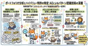 AIによる特許ポートフォリオ分析を解説する図解。特許出願の増加で人手だけのスクリーニングが限界に達している現状に対し、自然言語処理（NLP）やパターン認識技術で特許群をクラスタリングし、技術の塊やホワイトスペースを可視化して、ハイバリュー特許を特定する流れを示している。あわせて、ファミリーサイズ、被引用数、使用の証拠（EoU）などを手がかりに有望特許を見極め、冗長な特許を整理してコスト削減し、ライセンス・売却・クロスライセンスによる収益化やAIによる自律型知財マネジメントにつなげる全体像をまとめている。