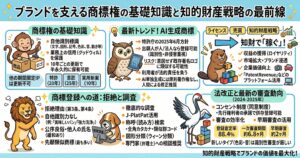 ブランドを守り育てる商標権の基礎と最新動向をまとめた図解。商標権は文字・図形・記号・色彩・音・動きなどの自他識別標識を保護し、10年ごとの更新で継続保有できることを説明。あわせて、AI生成商標の留意点、拒絶理由、J-PlatPatを使った先行調査、同意制度などの法改正、ライセンスや売買による収益化までを整理し、商標を知財戦略として活用する流れを示している。