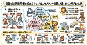 複数の知的財産権を組み合わせたブランド構築と知財ミックス戦略を解説する図解。単一の権利だけでは、模倣リスク、権利の期限切れ、設計変更への弱さがあると示し、特許権は技術・機能、意匠権は外観・デザイン、商標権は名称・ロゴ・信用を守る役割を整理している。右側では、Apple、Dyson、Suntory、Balmudaの例で複合的な知財保護を紹介。下部では、現状分析、経営戦略に連動した目標設定、権利化と秘匿化の判断、実行とタイミングの最適化、評価と改善・収益化という5ステップを示している。