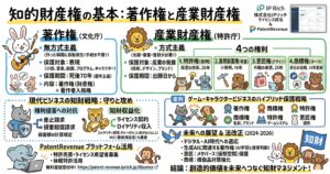 「知的財産権の基本：著作権と産業財産権」を解説する図解。左側では、著作権は創作と同時に発生し、小説・音楽・絵画・プログラム・キャラクターなどの表現を保護し、著作権（財産権）と著作者人格権、死後70年の保護期間を示している。右側では、産業財産権は出願・審査・登録が必要で、特許権20年、実用新案権10年、意匠権25年、商標権10年更新を整理。下部では、差止請求・損害賠償による侵害対策、ライセンス契約やロイヤリティによる収益化、ゲーム・キャラクタービジネスのハイブリッド保護、AI時代の法改正動向を紹介している。