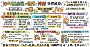 知的財産権の種類と特徴を整理した図解。特許権、実用新案権、意匠権、商標権、著作権について、保護対象、存続期間、審査の有無、役割の違いを比較している。あわせて、ライセンスや譲渡による収益化、侵害時の民事・刑事リスク、J-PlatPat調査や社員教育による防衛、生成AI時代の著作権の論点までをまとめ、知財を事業成長に生かす全体像を示している。