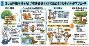 特許価値評価を解説する図解。左側では、知的財産を「稼ぐ資産」と捉える一方で、評価への自信不足、不確実性、時間経過による価値減衰といった課題を示している。中央では、3つの伝統的評価手法として、収入法（将来キャッシュフロー、DCF法、ロイヤリティ免除法）、市場法（類似取引事例、独占ライセンス、被引用数）、原価法（再作成原価、置換原価、下限値）を整理。右側では、AIが公報読解、スクリーニング高速化、類似事例の自動抽出、不確実性の定量化を担い、コスト法・市場法・収入法を組み合わせたマルチメソッドアプローチで特許の収益化や企業価値最大化を目指す流れを示している。図中では、評価精度35％向上、時間短縮、イノベーションコスト削減にも触れている。