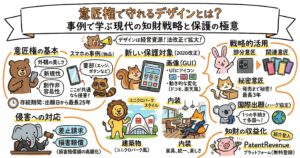 意匠権で保護できるデザインの範囲と活用法を整理した図解。意匠権の基本として、外観の美しさ、新規性、創作非容易性、出願日から最長25年の存続期間を示し、スマホの要部、GUI画像、建築物、内装が保護対象になり得る例を紹介している。さらに、部分意匠、関連意匠、秘密意匠、ハーグ協定による国際出願、侵害時の差止請求・損害賠償、知財の収益化までを解説し、意匠権を事業成長に活かす視点をまとめている。