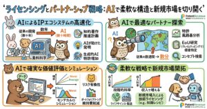 AIを活用したライセンシングとパートナーシップ戦略の図解。AIによってIPエコシステムを高速化し、特許ランドスケープ分析、EoU研究、コンセプト検索で提携先候補を従来の数週間から数分で探索できることを示す。さらに、モンテカルロシミュレーションなどで特許価値とリスクを評価し、段階的料率や新市場向け技術ライセンシングによって柔軟に収益化する流れを整理している。