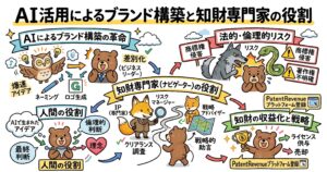 AIを活用したブランド構築における知財専門家の役割を解説したイラスト図解。ネーミング・ロゴ生成などのAIによるブランド革命、商標権侵害・著作権などの法的リスク、知財専門家によるクリアランス調査・リスク管理・戦略的助言、ライセンス供与・売却を含む知財収益化戦略を図示している。
