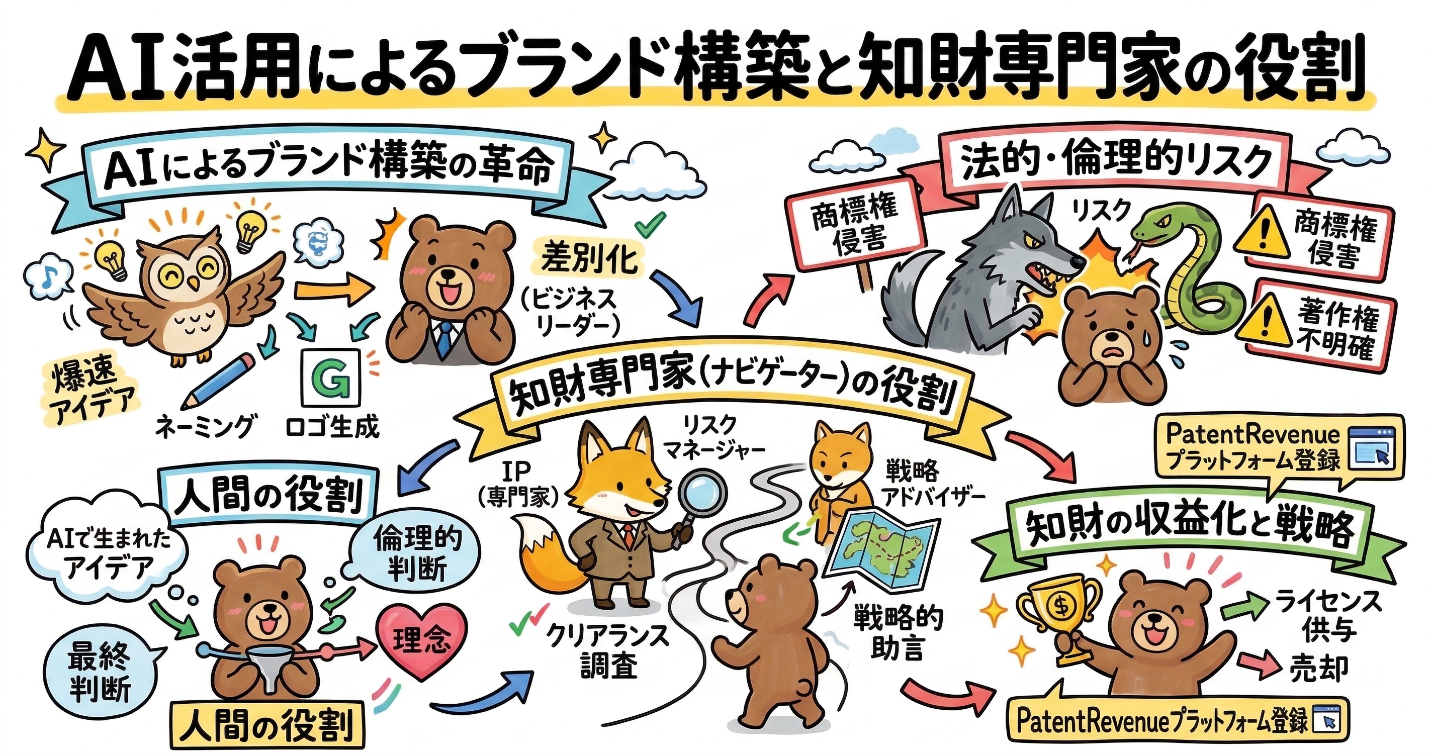 AIを活用したブランド構築における知財専門家の役割を解説したイラスト図解。ネーミング・ロゴ生成などのAIによるブランド革命、商標権侵害・著作権などの法的リスク、知財専門家によるクリアランス調査・リスク管理・戦略的助言、ライセンス供与・売却を含む知財収益化戦略を図示している。