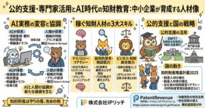AI時代の知財教育を説明する図解。AIは情報整理・要約、特許調査、明細書ドラフトを担い、人間は戦略判断、ブランド訴求、結果検証を担当する。稼ぐ知財人材に必要な3大スキルとして、テクノロジーリテラシー、批判的思考・検証能力、ビジネス・知財統合能力を提示。さらに、INPITの知財総合支援窓口や専門家派遣、知的財産推進計画2025を紹介し、知財を守りと攻めの経営資産として位置づけている。