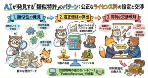 AIを活用した類似特許分析とライセンス交渉の流れを示す図解。第1段階では、膨大な特許データから隠れたパターンを抽出し、技術的本質を理解して、侵害可能性の立証につながる類似性を発見する。第2段階では、過去データやロイヤリティ相場をもとに、特許価値とライセンス料のバランスを客観的に評価し、適正価格を算出する。第3段階では、客観データを根拠に交渉シミュレーションと戦略的意思決定を行い、Win-Winの合意と知財収益化の最大化を目指す構成になっている。