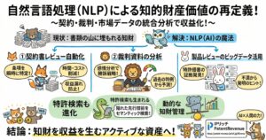 自然言語処理（NLP）で知的財産の価値を再定義する図解。契約書レビュー自動化では、条項の特定、時間・コスト削減、収益漏れ防止を示す。裁判資料の分析では、感情分析や過去判例から勝訴戦略を検討。製品レビューのビッグデータ活用では、特許侵害の証拠発見や顧客不満から発明のヒント取得を説明している。さらに、セマンティック検索による隠れた先行技術の発見、動的な知財管理を通じて、知財を収益を生むアクティブ資産へ変える考え方をまとめている。