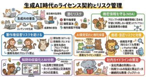 生成AIの普及に伴う知的財産のリスク管理と対策をまとめたインフォグラフィック。リス、サル、ゾウなどの動物キャラクターが各セクションを解説しています。主な内容は、著作権侵害・機密漏洩・権利帰属不明確といった「潜むリスク」の特定。具体的な対策として、NDA（秘密保持契約）におけるプロンプト内容の保護やオプトアウト設定、著作権侵害を避けるための「固有名詞のプロンプト禁止」や類似性チェックが挙げられています。また、既存知財（BIP）と成果物（FIP）を分けた柔軟なライセンス設計、商標・意匠リスクへの調査、AI分析による知財収益化、そして社内ガイドライン策定と継続的な教育の重要性について図解されています。