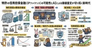 特許を担保にした資金調達（IPファイナンス）を解説する図解。無形資産の増加で特許・ブランド・データの重要性が高まる一方、知財は見えにくく評価が難しい課題があることを示す。これに対し、AIが引用回数、特許ファミリー、権利範囲などを分析して価値を客観評価し、無効化・侵害リスクや事業転用可能性を可視化する流れを整理。さらに、特許庁の支援、知財ビジネス評価書、信用保証、制度融資を通じて資金調達を進め、ライセンスアウト、売却、休眠特許の活用で知財収益化へつなげる全体像を示している。