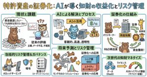 特許資産の証券化とAI活用を解説する図解。左上では、資金調達したいが知財は売りたくない企業の悩みと、従来の知財評価が主観的でデータ不足・不確実性を抱える課題を示す。中央では、AIが特許・市場・収益データを使って客観的かつ高速に評価し、品質スコア化する流れを説明。右上では、オリジネーターが特許をSPCに移し、倒産隔離のもとで証券化し、投資家から資金を得てR&Dへ再投資する仕組みを示す。下段では、AIレッドチーミング、暗号化、監査ログによるリスク管理、モンテカルロ・シミュレーションによる将来予測、シニア債とエクイティへの区分、さらにDaaS、ライセンス、AIのハイブリッド課金による次世代の知財マネタイズを整理している。
