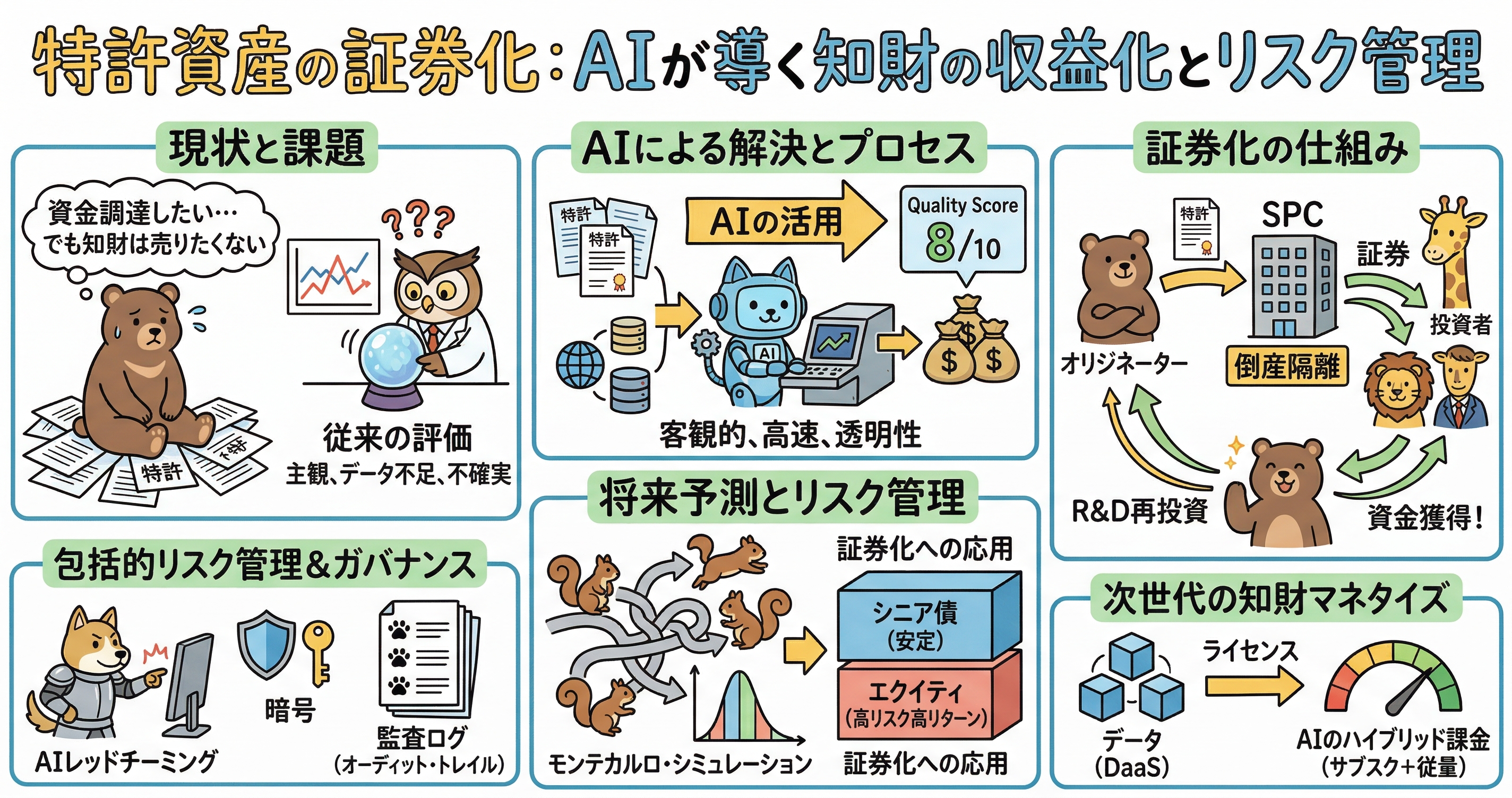 特許資産の証券化とAI活用を解説する図解。左上では、資金調達したいが知財は売りたくない企業の悩みと、従来の知財評価が主観的でデータ不足・不確実性を抱える課題を示す。中央では、AIが特許・市場・収益データを使って客観的かつ高速に評価し、品質スコア化する流れを説明。右上では、オリジネーターが特許をSPCに移し、倒産隔離のもとで証券化し、投資家から資金を得てR&Dへ再投資する仕組みを示す。下段では、AIレッドチーミング、暗号化、監査ログによるリスク管理、モンテカルロ・シミュレーションによる将来予測、シニア債とエクイティへの区分、さらにDaaS、ライセンス、AIのハイブリッド課金による次世代の知財マネタイズを整理している。