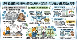 標準必須特許（SEP）の特定とFRAND交渉におけるAI活用を説明する図解。左側では、5GやHEVC／VVCのような規格分野で、膨大で複雑な特許文献と標準規格書を人手で照合するのは限界があり、過剰宣言、情報の非対称性、不透明な交渉が課題になると示している。中央では、AIと自然言語処理（NLP）が、抽象的で包括的な特許クレームと、具体的で技術用語の多い標準規格書の意味的な関連性を読み取り、SEP特定を効率化すると説明。右側では、セマンティック必須性スコアによる客観評価や、未申告特許・真の権利者の可視化を通じて、FRAND交渉の透明性向上、早期妥結、専門家支援につなげる流れを示している。
