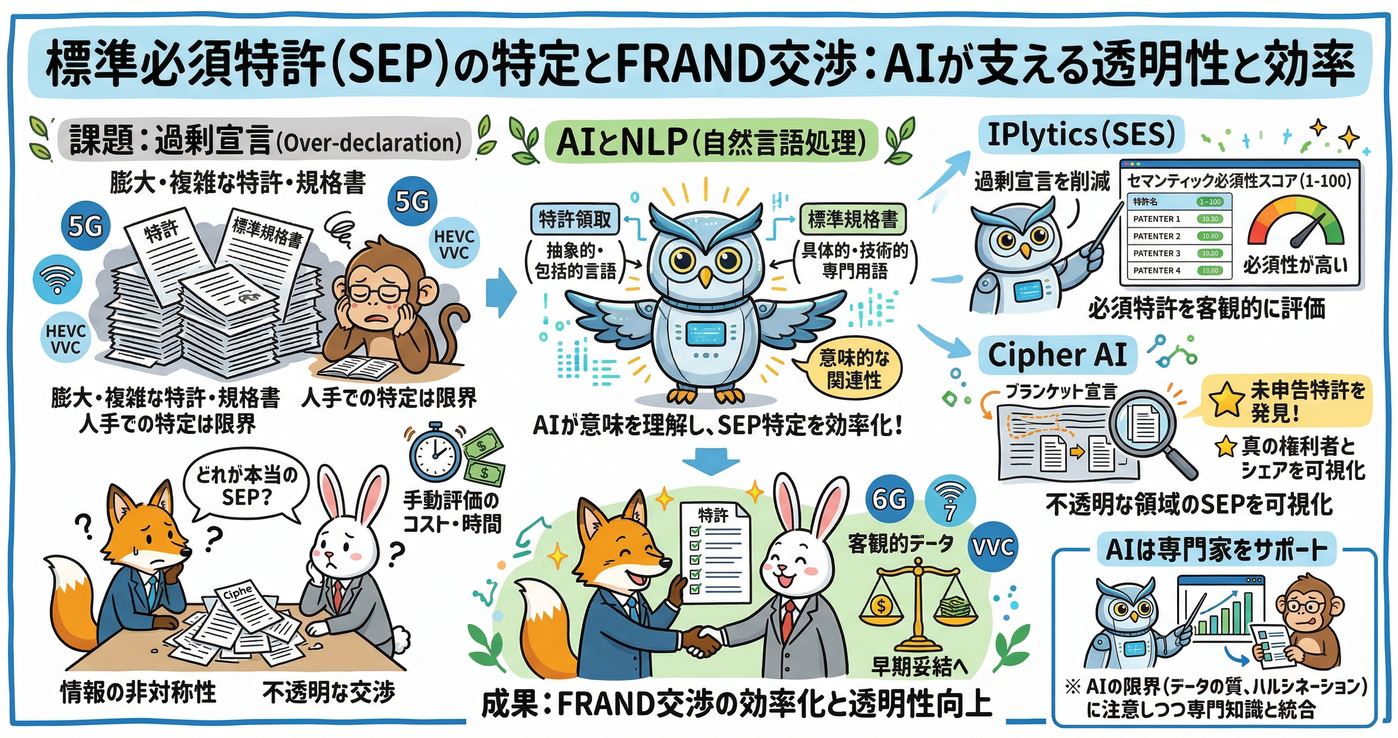 標準必須特許（SEP）の特定とFRAND交渉におけるAI活用を説明する図解。左側では、5GやHEVC／VVCのような規格分野で、膨大で複雑な特許文献と標準規格書を人手で照合するのは限界があり、過剰宣言、情報の非対称性、不透明な交渉が課題になると示している。中央では、AIと自然言語処理（NLP）が、抽象的で包括的な特許クレームと、具体的で技術用語の多い標準規格書の意味的な関連性を読み取り、SEP特定を効率化すると説明。右側では、セマンティック必須性スコアによる客観評価や、未申告特許・真の権利者の可視化を通じて、FRAND交渉の透明性向上、早期妥結、専門家支援につなげる流れを示している。