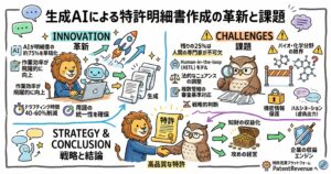 「生成AIによる特許明細書作成の革新と課題」を示す図解。左側の「革新」では、AIが明細書の約75％を草稿化し、ドラフティング時間を40〜60％削減しつつ、作業効率向上や用語の統一に役立つと説明。右側の「課題」では、残り25％は人間の専門家が担い、HITL、人間による法的ニュアンス調整、複数国の審査基準対応、戦略判断が必要と整理。あわせて、バイオ・化学分野での限界、機密情報保護、ハルシネーションのリスクを示し、最終的に高品質な特許を収益化と企業利益につなげる流れを描いている。