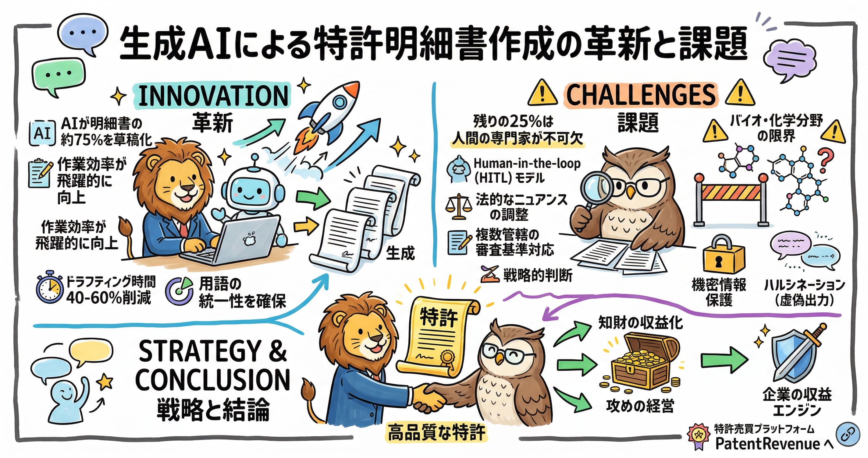 「生成AIによる特許明細書作成の革新と課題」を示す図解。左側の「革新」では、AIが明細書の約75％を草稿化し、ドラフティング時間を40〜60％削減しつつ、作業効率向上や用語の統一に役立つと説明。右側の「課題」では、残り25％は人間の専門家が担い、HITL、人間による法的ニュアンス調整、複数国の審査基準対応、戦略判断が必要と整理。あわせて、バイオ・化学分野での限界、機密情報保護、ハルシネーションのリスクを示し、最終的に高品質な特許を収益化と企業利益につなげる流れを描いている。