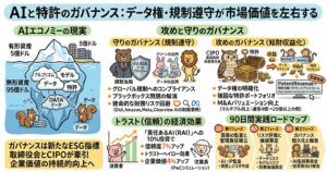 AIと特許のガバナンスを解説する図解。左側では、AIエコノミーではデータ、アルゴリズム、モデル、特許などの無形資産が市場価値の大半を占めることを氷山のイメージで示している。中央では、守りのガバナンスとしてEU AI法やデータプライバシー対応、データの出所管理、ブラックボックス問題の解消、財務リスク回避を整理し、信頼が企業価値に影響することを説明。右側では、攻めのガバナンスとしてデータ権の明確化、強固な特許ポートフォリオ、M&Aバリュエーション向上、PatentRevenueによる知財収益化を提示。下段には、AI・IP監査、リスク評価、投資家向け報告まで含む90日間の実践ロードマップがある。