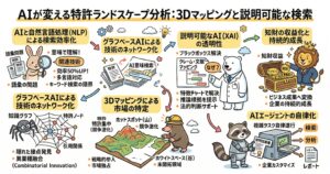 AIで特許ランドスケープ分析を高度化する図解。NLPによる意味検索と多言語対応で関連技術を探し、知識グラフで特許ノードや引用関係をネットワーク化し、3Dマッピングで競争が集中するホットスポットと未開拓のホワイトスペースを可視化している。さらに、説明可能AI（XAI）がクレームと文献の対応根拠を示して法的判断を支援し、ライセンス・売却などの知財収益化や、AIエージェントによる検索・分析・レポート自動化までを示している。