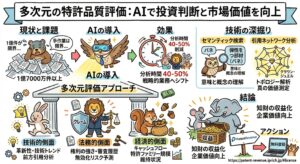 多次元の特許品質評価を解説する図解。膨大な特許件数に対し、手作業による評価には限界がある一方、AI導入で分析時間を40〜50％削減し、戦略業務へ集中できると示している。評価軸は、技術面では革新性・技術トレンド・前方引用分析、法務面では権利の強さ・審査履歴・無効化リスク予測、経済面ではキャッシュフロー・特許ファミリー規模・維持状況。さらに、セマンティック検索や引用ネットワーク分析で技術の本質を深掘りし、知財収益化と企業価値向上につなげる流れをまとめている。