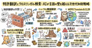 AIによる特許翻訳とクロスリンガル検索を解説する図解。高コストで複雑な特許翻訳を、ニューラル機械翻訳（NMT）や特許特化型の生成AIで効率化し、WIPO TranslateとCLIRで一つの言語から多言語の特許文献検索へ広げる流れを示している。さらに、意味ベースで比較する技術、海外文献調査、潜在的なライセンスパートナー発見や交渉力向上などの収益化効果、ハルシネーションや機密漏洩への注意、人による最終確認の必要性、今後のGenAI・LLM活用まで整理している。
