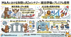 M&Aにおける知財とAIの相乗効果を解説する図解。左上では、特許・AI・無形資産を核にした強いIPポートフォリオが、参入障壁を築き、EBITDA倍率のプレミアムや知財収益化による企業価値向上につながると示す。右上では、AI企業の評価が売上高倍率で高くなりやすく、ヘルステック、LLM、成熟市場の比較例を掲載。左下では、CIPO主導のIPガバナンスとして、資産管理、リスク監視、戦略的方向づけ、データ権利やEU AI法対応を整理。右下では、VDRを使ったデューデリジェンス、マルチエージェントAI、人間のディールメーカーの協働、ESG・オープンイノベーションとの融合を通じて、M&Aシナジーを高める流れを示している。