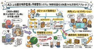 AIによる競合特許監視と早期警告システムを解説する図解。左側では、膨大な特許データを手作業で確認する限界と見落としリスクを示す。中央では、AIタガー、AIサマライザー、クレーム解析ツールで特許情報を整理し、リアルタイム検知、ステータス変更アラート、市場トレンド把握、新規プレイヤー検出につなげる早期警告システムを紹介。右側では、法務・研究開発・事業部門による共同レビューと重複評価防止を行い、最終的にEoUチャート作成、ライセンスパートナー発見、維持・放棄の戦略判断を通じて知財収益化を目指す流れを示している。