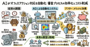 AIによるオフィスアクション対応の自動化を解説する図解。左側では、期限管理のプレッシャー、審査対応にかかる時間、高騰する弁護士費用・庁費用、膨大な先行技術文献、見落としや瑕疵のリスクといった従来の課題を示す。中央では、AIが法的文書の解析・要約・構造化を行い、引用文献の特定、自明性分析（第103条対応）、意見書や補正書のドラフト生成を支援する流れを説明。右側では、審査スピード向上、コスト削減、強固な特許の取得、ロイヤリティ収入など知財収益化の最大化を示し、下部ではAI対AIの交渉、戦略的インハウス化、知財ポートフォリオ最適化など今後の展望をまとめている。