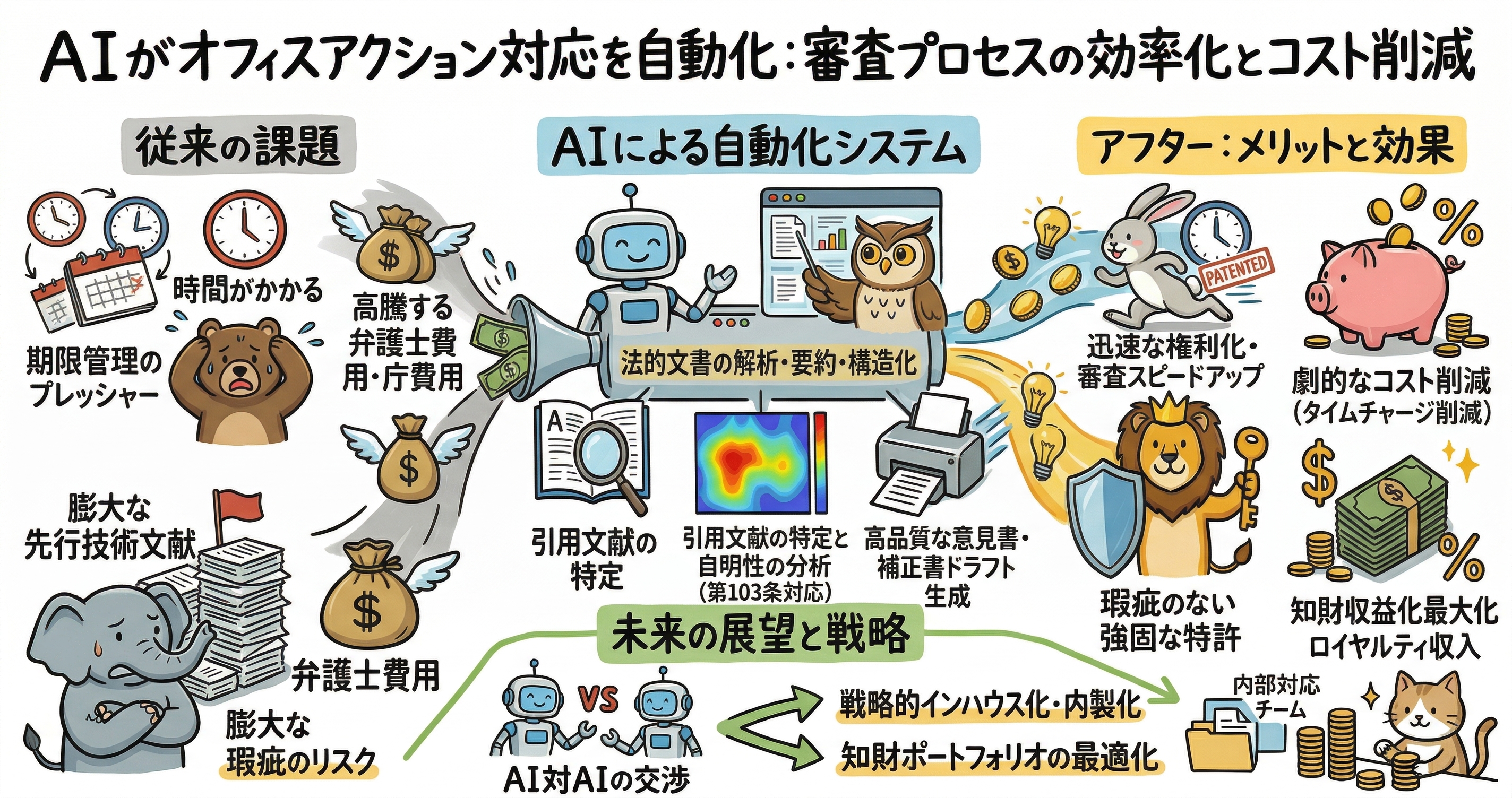 AIによるオフィスアクション対応の自動化を解説する図解。左側では、期限管理のプレッシャー、審査対応にかかる時間、高騰する弁護士費用・庁費用、膨大な先行技術文献、見落としや瑕疵のリスクといった従来の課題を示す。中央では、AIが法的文書の解析・要約・構造化を行い、引用文献の特定、自明性分析（第103条対応）、意見書や補正書のドラフト生成を支援する流れを説明。右側では、審査スピード向上、コスト削減、強固な特許の取得、ロイヤリティ収入など知財収益化の最大化を示し、下部ではAI対AIの交渉、戦略的インハウス化、知財ポートフォリオ最適化など今後の展望をまとめている。
