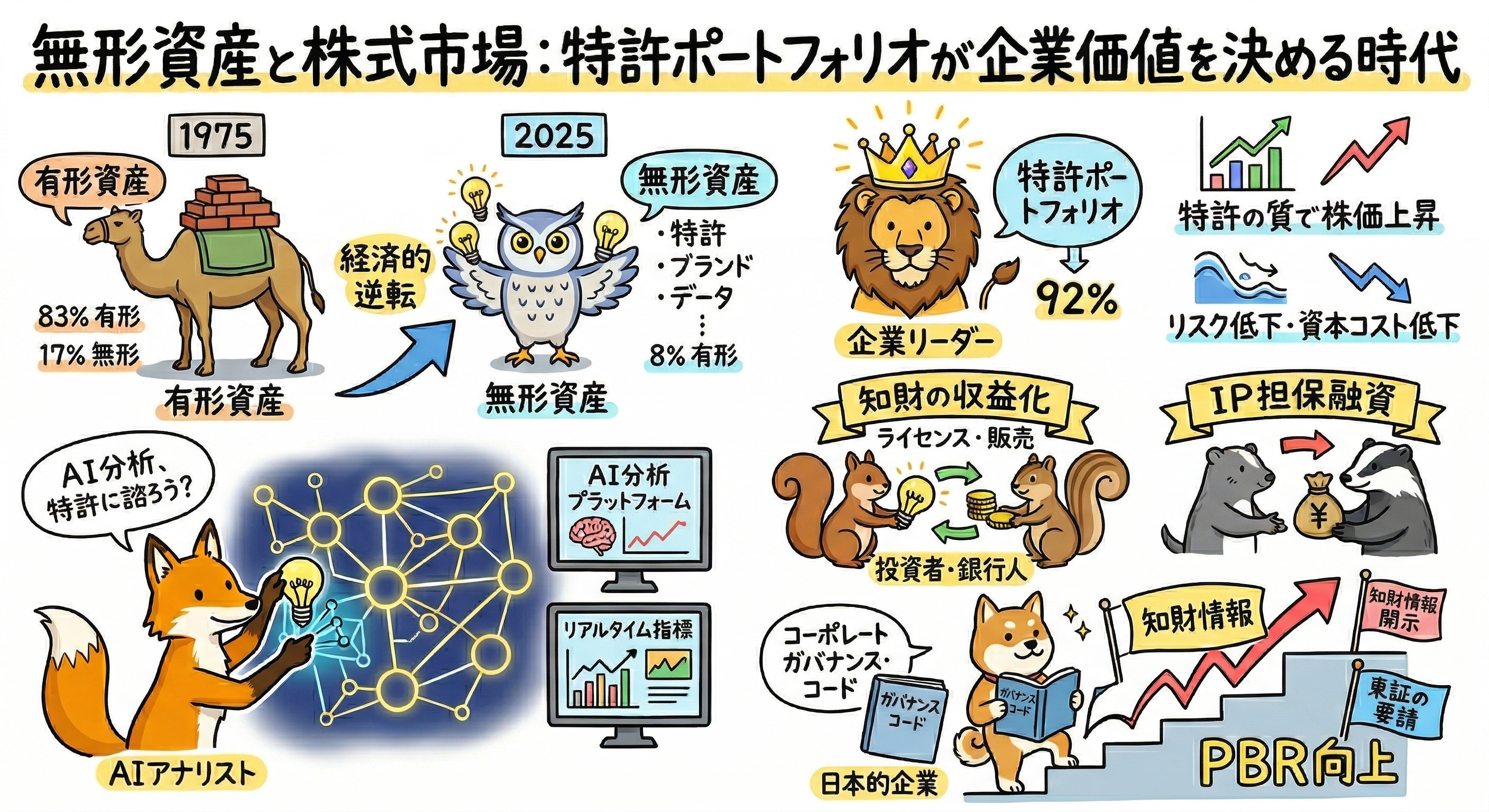 無形資産と株式市場の関係を解説する図解。1975年は有形資産83%・無形資産17%、2025年は無形資産92%・有形資産8%へと価値の中心が移る「経済的逆転」を示し、無形資産の中核として特許・ブランド・データを挙げている。右側では、質の高い特許ポートフォリオが株価上昇、リスク低下、資本コスト低下につながると説明し、知財の収益化、IP担保融資、AI分析プラットフォーム、リアルタイム指標、知財情報開示、コーポレートガバナンスを通じたPBR向上までを整理している。