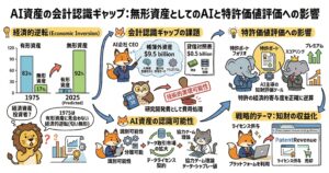 AI資産の会計認識ギャップと特許価値評価への影響を示す図解。左側では、1975年は有形資産中心、2025年は無形資産中心へ移る経済構造の変化を棒グラフで示す。中央では、AI企業の価値の多くが大規模言語モデル、学習データ、アルゴリズムなどの帳簿外資産にある一方、会計上は研究開発費として処理されやすい課題を説明。下部では、AI資産の識別可能性、分離可能性、データライセンス契約、データ取引市場の拡大を通じた資産認識の可能性を整理。右側では、AI主導の知財評価ツールで特許ポートフォリオの経済的寄与度を可視化し、ライセンス供与や売却による知財収益化へつなげる流れを示している。