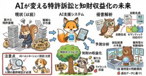 AIが特許訴訟と知財収益化をどう変えるかを示す図解。従来は、膨大な特許書類の確認、複雑な手作業、高額な訴訟コストが課題だった。中央ではAI支援システムが、特許ポートフォリオを起点に、侵害解析、クレームチャートの自動生成、特許と製品特徴のセマンティック対応付け、訴訟結果の予測、裁判官の判断傾向分析、知財の収益化を支援する流れを示している。下部では、ポートフォリオ最適化戦略によりライセンス収益や新たな利益につなげる姿を描き、注意点としてAIハルシネーションへの警戒と人間による最終検証の必要性を示している。
