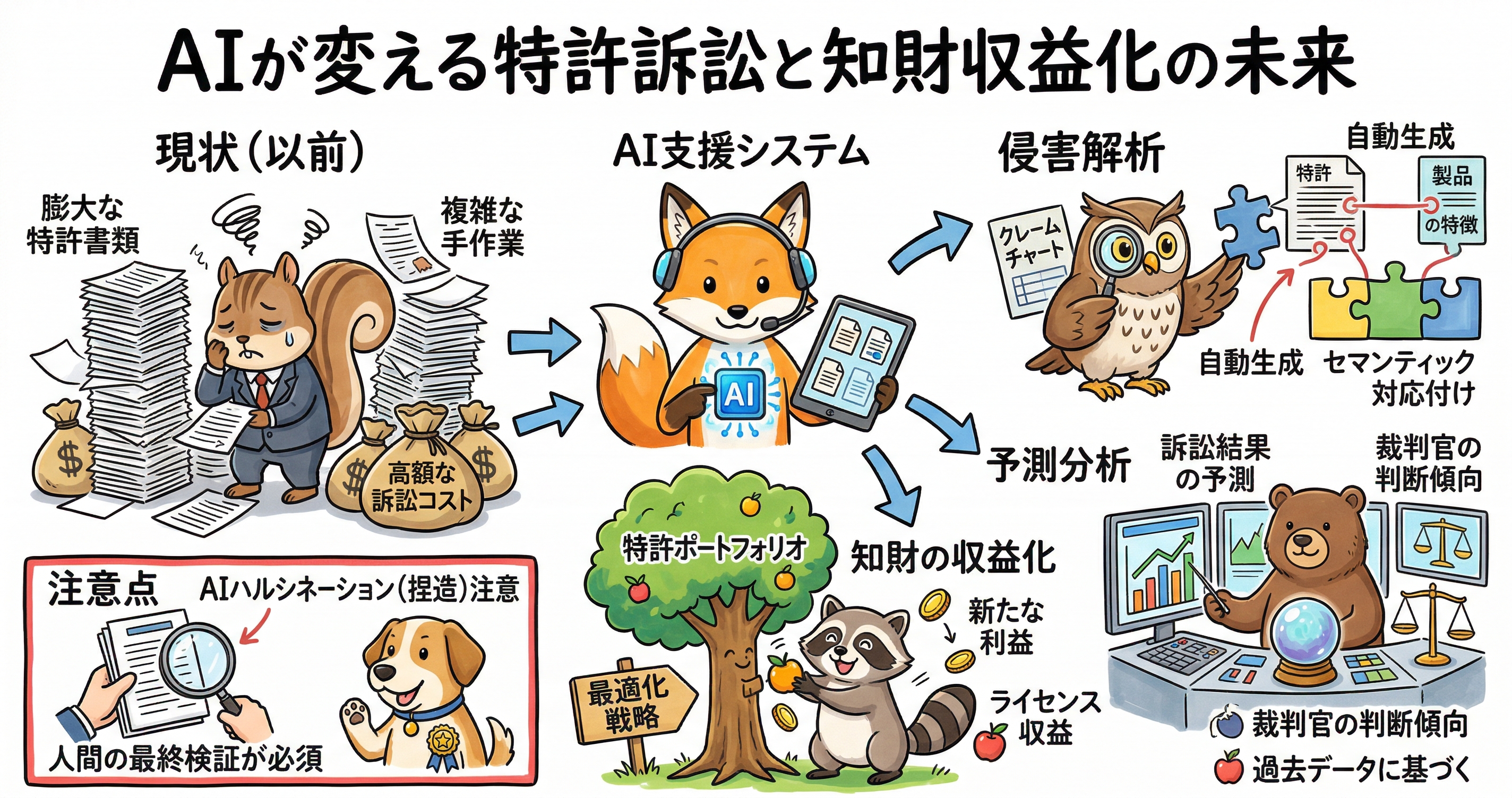 AIが特許訴訟と知財収益化をどう変えるかを示す図解。従来は、膨大な特許書類の確認、複雑な手作業、高額な訴訟コストが課題だった。中央ではAI支援システムが、特許ポートフォリオを起点に、侵害解析、クレームチャートの自動生成、特許と製品特徴のセマンティック対応付け、訴訟結果の予測、裁判官の判断傾向分析、知財の収益化を支援する流れを示している。下部では、ポートフォリオ最適化戦略によりライセンス収益や新たな利益につなげる姿を描き、注意点としてAIハルシネーションへの警戒と人間による最終検証の必要性を示している。