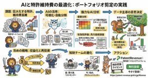 特許維持費の最適化とポートフォリオ剪定を解説する図解。巨大化する特許ポートフォリオと維持費高騰、約60％が休眠特許という課題に対し、AIで特許を可視化・自動分類し、技術グループや製品カテゴリごとに整理する流れを示す。さらに、競合製品の侵害分析、EoU（実施の証拠）確認、先行技術調査、クレームチャート作成、有効性評価を通じて低価値特許を見極め、維持・放棄・収益化を判断する構成。削減したコストをライセンス供与、特許売却、継続出願へ再投資し、知財チームをコストセンターからプロフィットセンターへ進化させる考え方をまとめている。