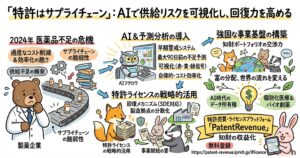 医薬品不足を例に、特許をサプライチェーンの一部として捉える図解。過度なコスト削減や供給網の脆弱性による不足リスクを示し、AIと予測分析で最大90日前の不足予測、信号表示による可視化、早期警戒を行う流れを説明している。さらに、特許ライセンスの戦略活用で製造拠点を分散し、事業継続と回復力を高め、知財ポートフォリオの交渉力強化、データ所有権、個別化医療・バイオ創薬への展開、知財収益化までを示している。