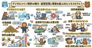 デジタルツイン特許の成長を解説する図解。IoTセンサーで現実の設備や工場を仮想空間に再現し、AIシミュレーションで予知保全や故障予測を行う流れを示す。市場規模は2030年に1,802.8億ドル、特許出願件数は2025年に2,400件超で2017年比600％増とされ、自動車、航空、エネルギー、ヘルスケアでの活用例、特許適格性、成果ベースのライセンスによる知財収益化まで整理している。